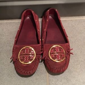 Burgundy Tory Burch Suede Fringe Loafers